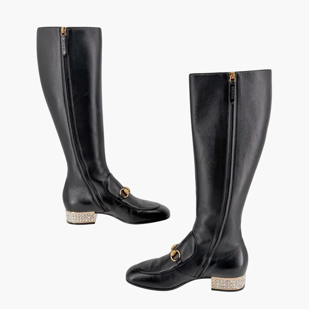 Gucci Mister Black Knee High Horsebit Crystal Heel Boots Size 37 US 7 Women's - Picture 11 of 15